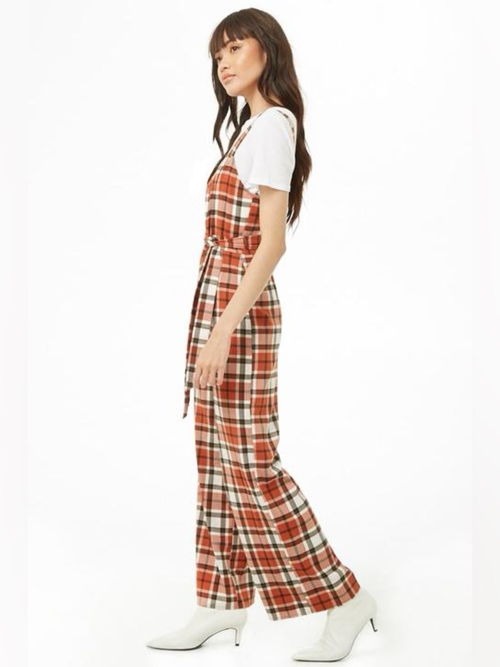 Forever 21 Plaid Wide-Leg Jumpsuit with Tie Waist - Rust Plaid Small